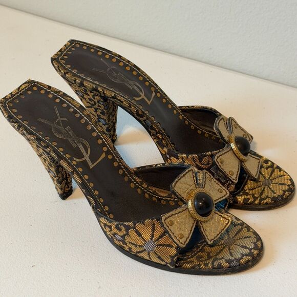 Vtg YSL Yves Saint Laurent Casablanca slide sandals chocolate canvas size 36 - Picture 11 of 12